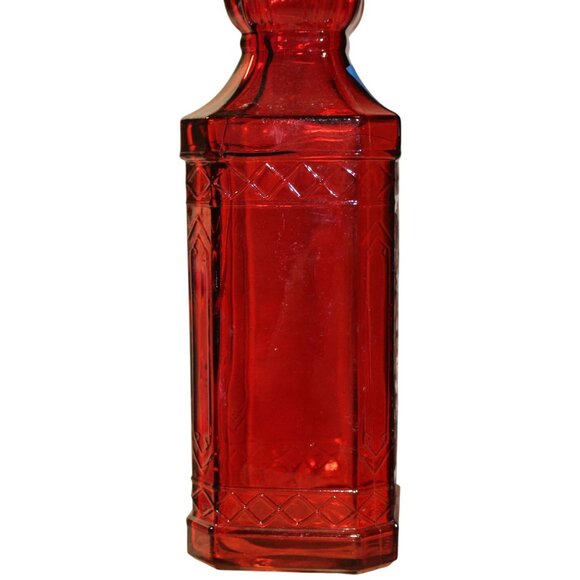Vtg Ruby Red Glass Decanter w/Cork Stopper/Raised Design Holiday Bottle/Vase - Picture 2 of 7